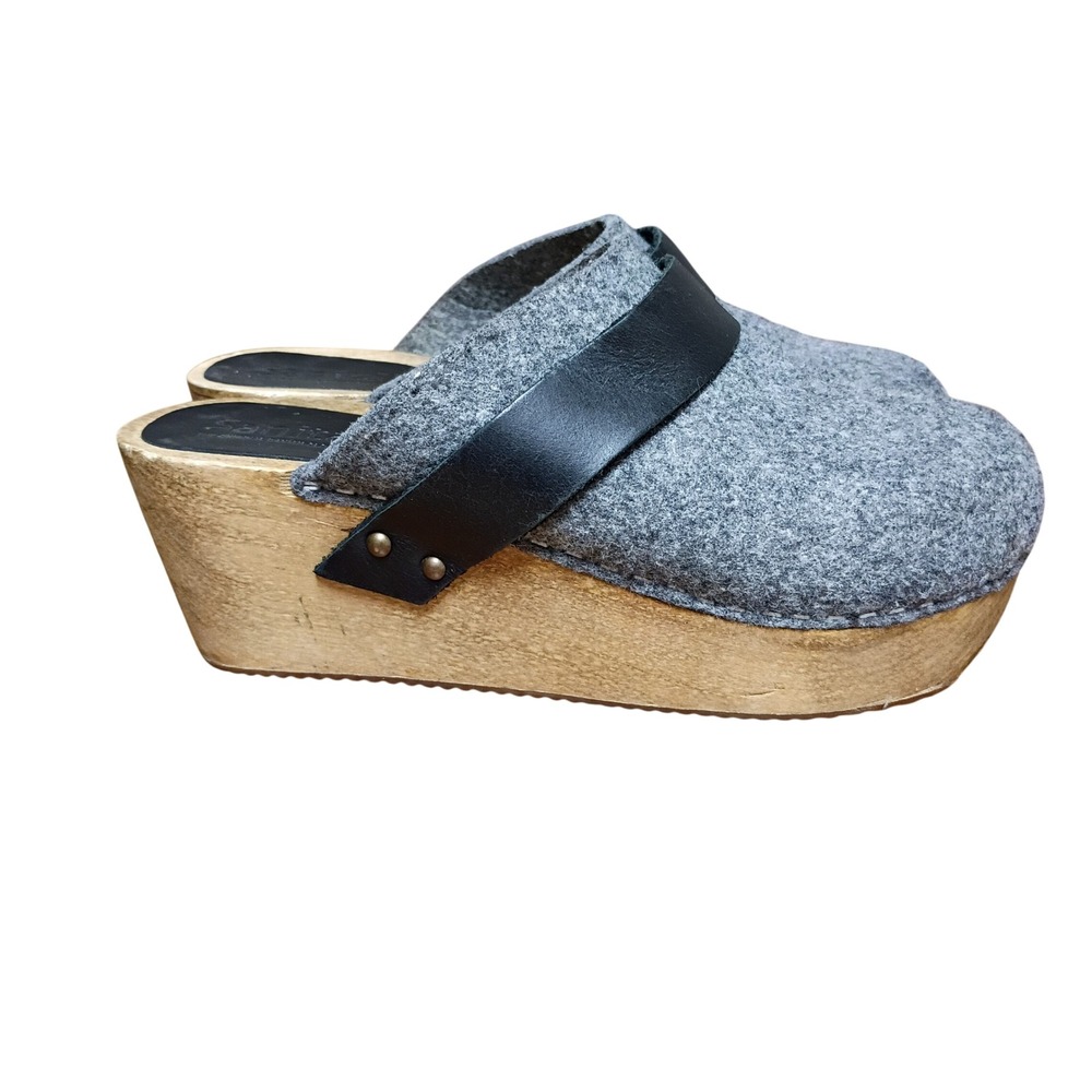 Sanita Barbara Clogs Women Grey Wool Leather Strap Wood Wedge Platform Mules 6.5